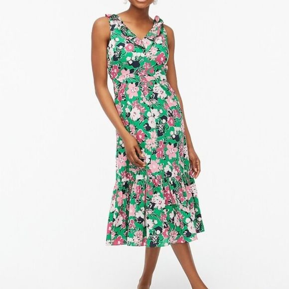 J.Crew NWT 10 Floral Printed V-neck ruffle midi dress Green